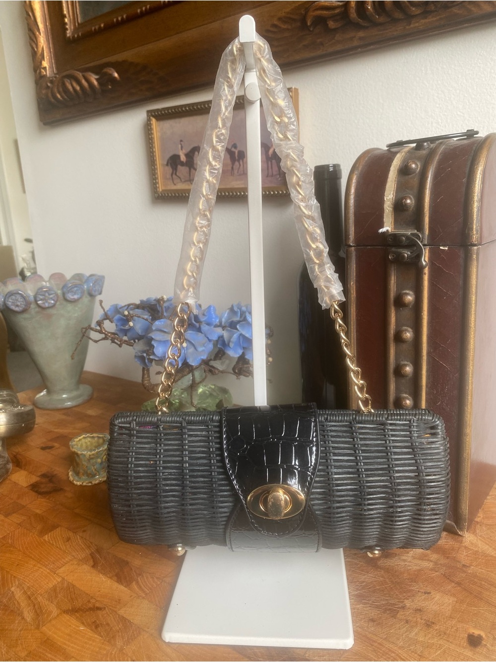 Poppie Jones Black Woven Cylinder Clutch with Gold Chain